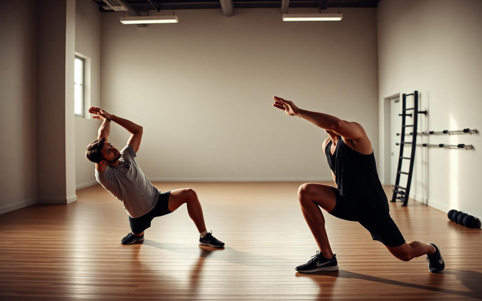 Two athletes stretching after training