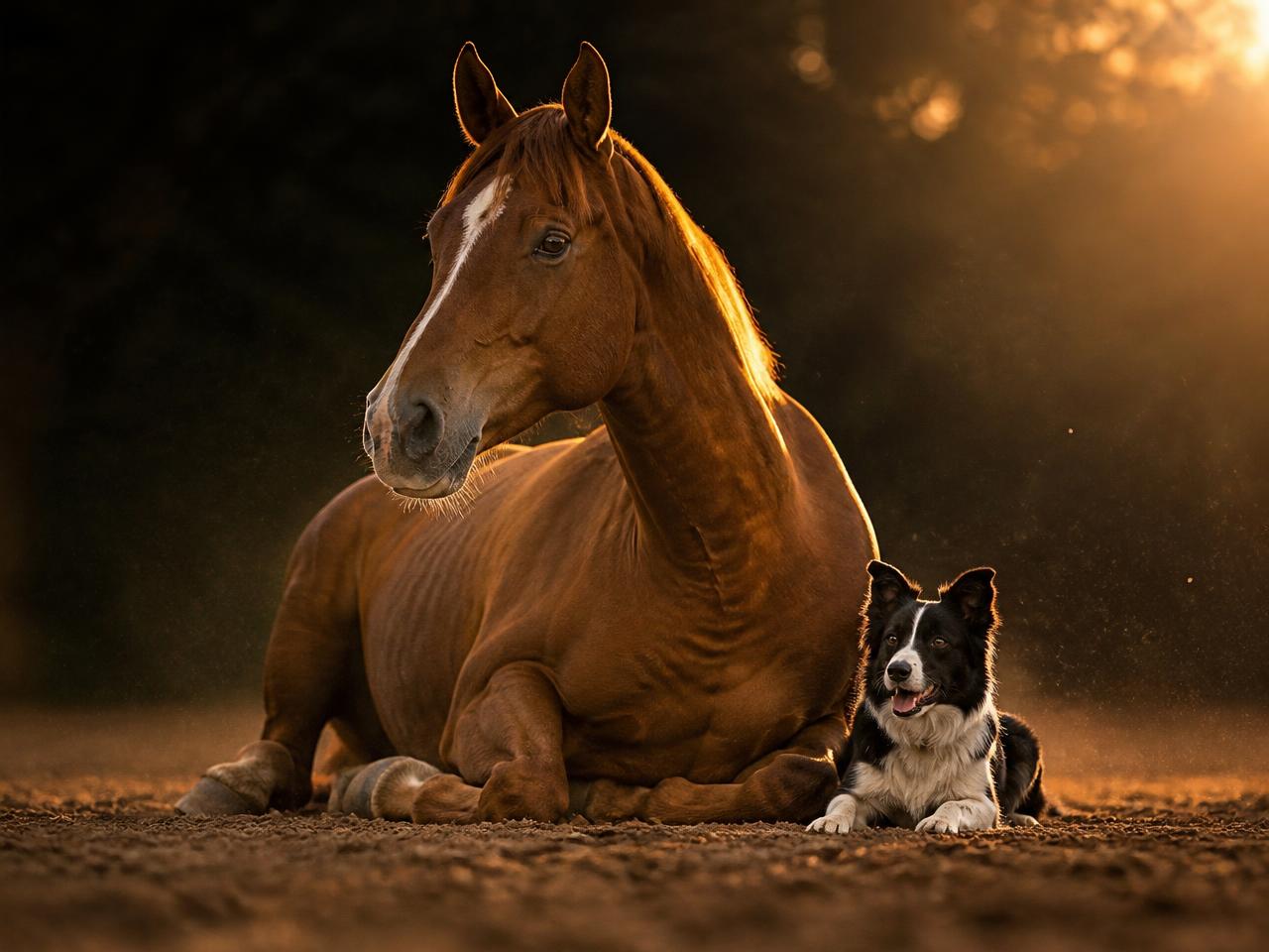 A resting horse and working dog after training at golden hour